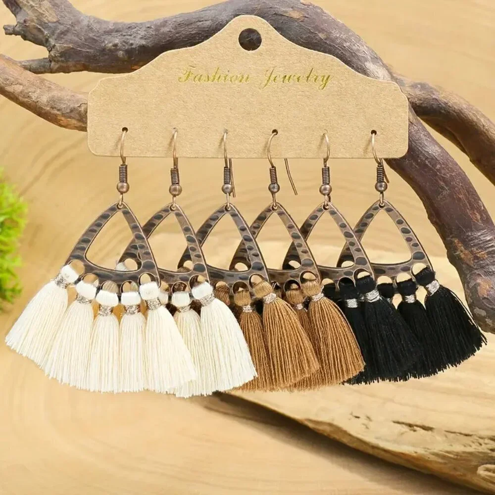 NEW 3 pair BOHO tassel bronze triangle earrings, tassel earrings, retro jewelry